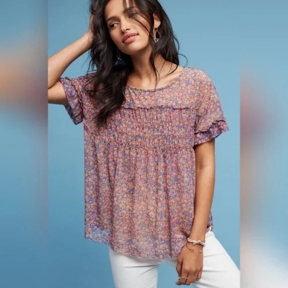 DELETTA NWOT ANTHROPOLOGIE WOMENS SMOCKED FLORAL TOP BLOUSE XS NEVER WORN - Picture 1 of 5